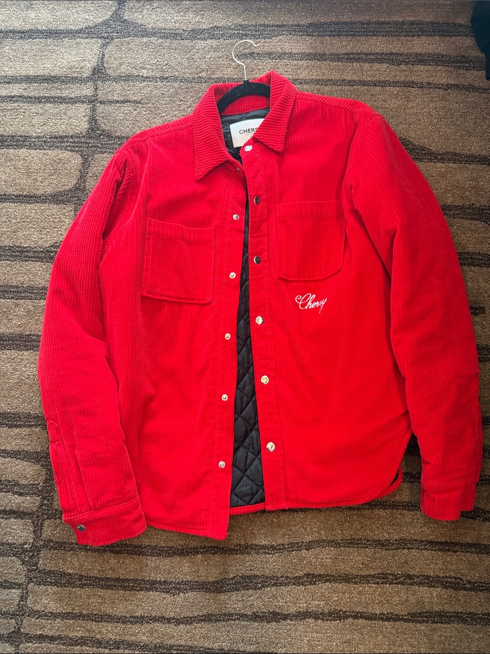 Cherry LA Red Corduroy Shirt Jacket with Quilted Black Lining